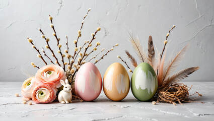 Painted Easter eggs with spring flowers and a ceramic bunny, on a rustic tabletop, perfect for holiday decor inspiration and celebration themes