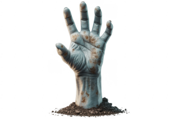 Hand Emerging from Dirt soil zombie isolated on a transparent background