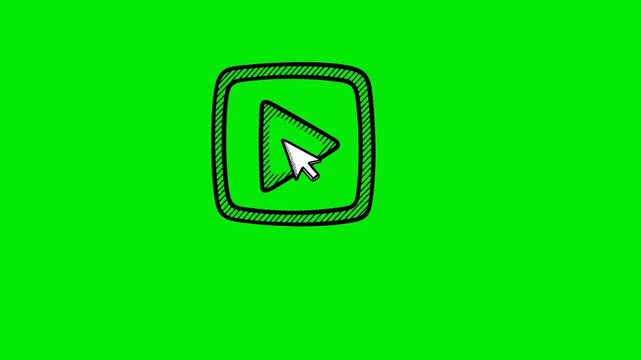 2D animation of a play button clicked by a cursor. Black outlines only, no white fill. Sketch illustration on a green screen chroma key background for easy video editing