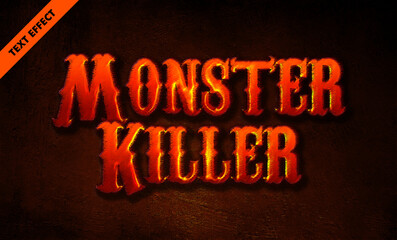 Monster killer editable text effect design with glowing fire orange horror style for game titles and halloween posters