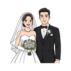 Illustration of a smiling Asian bride and groom in formal wedding attire standing together