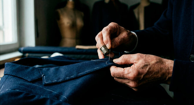 Close up of senior tailor hands sewing blue custom suit with needle and thimble in traditional workshop with mannequins