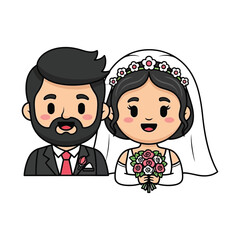 Cartoon illustration of a smiling bride and groom in wedding attire on white background
