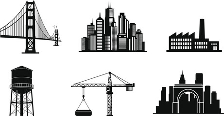 Obraz premium Urban infrastructure silhouette set featuring city skyline, bridge, factory, crane, water tower, and monument for industrial and architectural themes