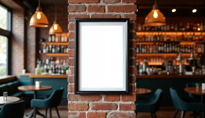 A mockup of a plain white poster on a brick wall in a bar.