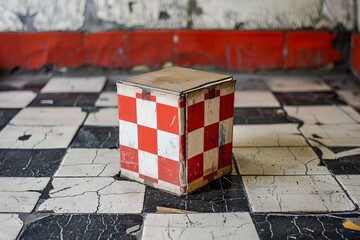 Red and white checkered box resting on cracked checkered floor in decaying room, evoking themes of abandonment and forgotten games