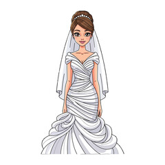Cartoon illustration of a smiling bride in a white wedding dress and veil against a plain white background.
