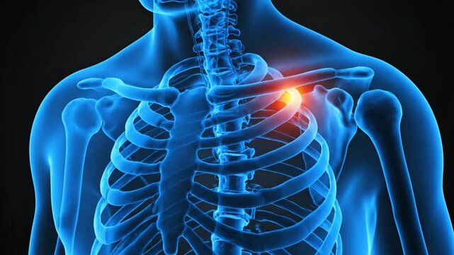 Medical Illustration of Upper Torso with Shoulder Joint Pain Highlight &ndash; Skeletal Anatomy, Rotator Cuff, and Diagnostic Visualization