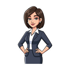 Cartoon illustration of a confident businesswoman standing with her hands on her hips in a professional outfit against a plain white background.
