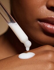 white milk lotion is pouring out of a glass dropper on dark skin, macro texture of the skin on which the lotion is applied