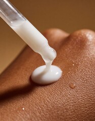 white milk lotion is pouring out of a glass dropper on dark skin, macro texture of the skin on which the lotion is applied