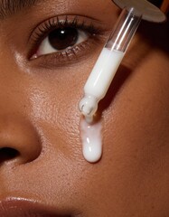 white milk lotion is pouring out of a glass dropper on dark skin, macro texture of the skin on which the lotion is applied