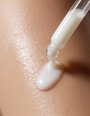 white milk lotion is pouring out of a glass dropper on skin, macro texture of the skin on which the lotion is applied
