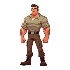 Full-body illustration of a muscular man in a khaki outfit standing with fists clenched on a white background.