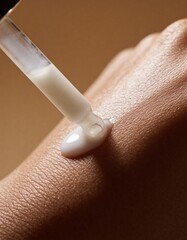 white milk lotion is pouring out of a glass dropper on dark skin, macro texture of the skin on which the lotion is applied