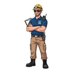 Illustration of a confident male construction worker wearing a hard hat and sunglasses, holding a wrench with a walkie-talkie on his belt against a clean white