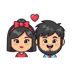 Cartoon illustration of a smiling couple with a heart above them on a white background