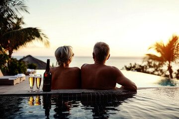 back view of a senior couple relaxing by the pool at a tropical resort