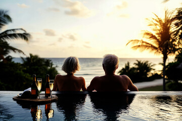 back view of a senior couple relaxing by the pool at a tropical resort
