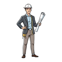 Cartoon illustration of a confident male architect wearing a hard hat and holding blueprints on a white background.
