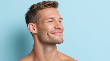 Fototapeta premium Young man with short hair and serene smile against pastel blue background, expressing calm and contentment with closed eyes and relaxed posture
