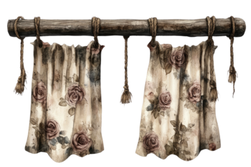 Rustic floral curtains hang from a rough wooden rod