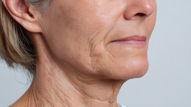 Close up of mature woman skin texture showing wrinkles and fine lines on face and neck with natural aging signs and soft lighting for skincare concept