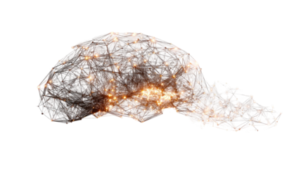 Abstract digital human brain formed by glowing neural network connections artificial intelligence data visualization technology artwork isolated on white background