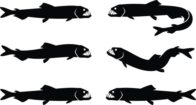 Deep sea viperfish silhouette vector set, scary ocean predator clipart for laser cutting, print, vinyl, crafts, aquarium designs, marine illustrations