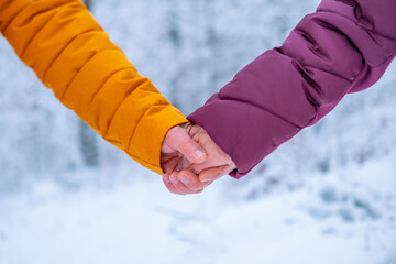 Close-up couple holding hands in winter jackets against blurred snowy forest background, love and support, Happy man and woman, walk by hand in beautiful winter park, two people together, enjoying