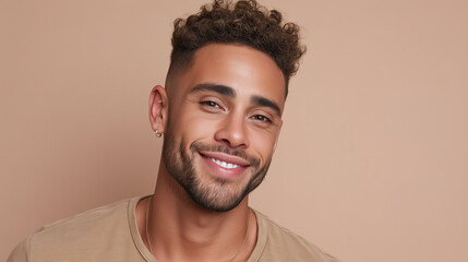 Obraz premium Young man with curly hair and beard smiling confidently with healthy skin and relaxed expression against beige background, showing positive and friendly emotion