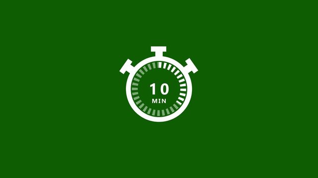 A simple white stopwatch displaying ten minutes on a solid dark green background representing a countdown or time limit for an activity or event