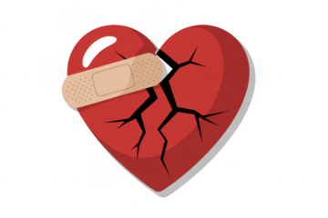 Cracked heart with band aid red heart isolated on a transparent background