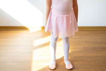 little girl, Small ballet dancer, young ballerina in pink ballet tutu practices first basic positions with careful attention to technique