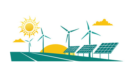 Obraz premium Landscape silhouette of wind turbines and solar panels under a bright sun, renewable energy industry vector.