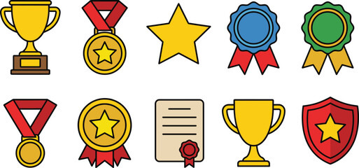 Award and achievement icons including trophies, medals, stars, ribbons, and certificates, ideal for competition themes, success graphics, recognition concepts, and reward related design projects.