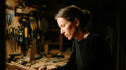 Female carpenter woman woodworker workshop craftsmanship hand tool woodworking artisan concentrated sawdust middle aged adult caucasian craft