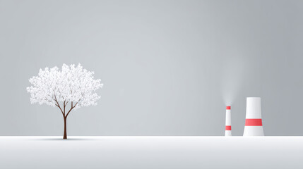 Minimalist landscape white tree power plant smoke pollution concept environmental contrast winter scene industrial background nature factory