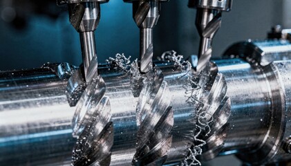Closeup medium shot capturing triplestart thread milling with three synchronized cutting tools carving symmetrical helical paths on a highprecision cylindrical component.