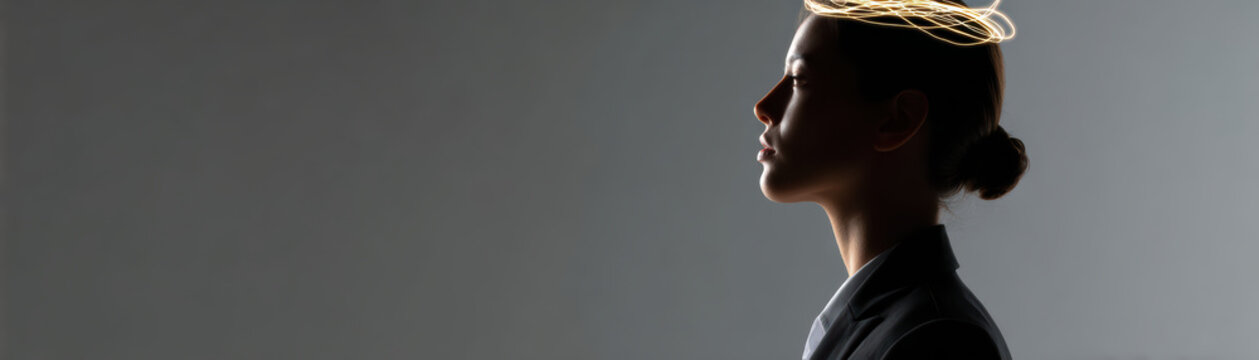 Businesswoman silhouette profile creative thinking innovation glowing line minimal office modern concept idea focus corporate