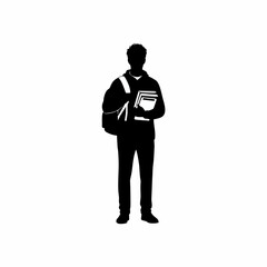 Male Student Standing with Backpack and Holding Books Silhouette Vector