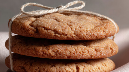 Homemade cookie stacked cookie rustic twine baked dessert sweet snack golden brown closeup food soft texture sugar topping pastry treat homemade