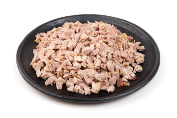 Diced Pork on Dark Plate, isolated on white background