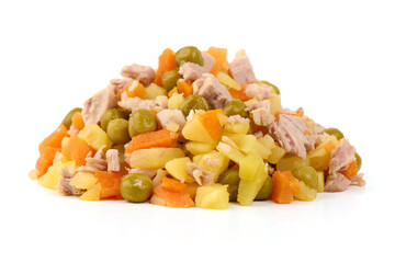 Tuna Salad with Peas Carrots and Potatoes, isolated on white background