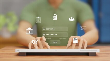 Cybersecurity Concept. Secure Login, Data Protection, Online Safety, Banking and Payments, Digital Trust Assurance. User Logging Into Secure Account with Username, Password on Virtual Screen.3D Video - Powered by Adobe