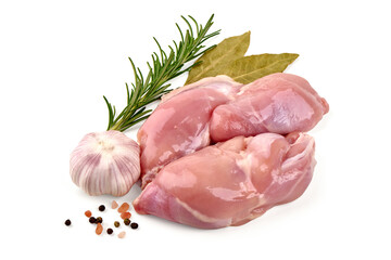 Raw Chicken Thighs with Garlic, Rosemary, Bay Leaves, isolated on white background