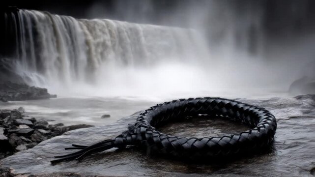 A black, woven leather whip, rests on a wet rock, with a large, cascading waterfall in the background