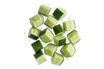 Chopped cucumber pieces with water droplets green vegetable isolated on a transparent background