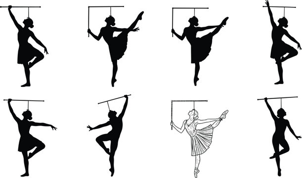 Silhouette dancer marionette puppet, elegant ballet girl controlled by strings, dramatic puppet dance illustration, theatrical performance movement art design