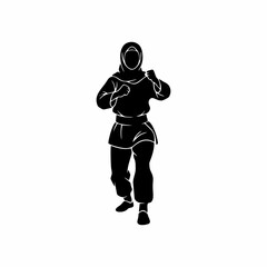 Muslim Woman in Hijab Practicing Martial Arts Silhouette Vector Illustration